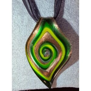 Lampwork Unique Green Bronze Swirl Glass Diamond Pendant Necklace‎ Ribbon 16"
